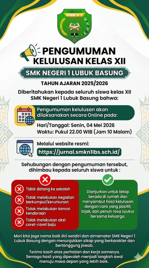 Pengumuman Kelulusan Kelas XII TP. 2025/2026 SMK N 1 Lubuk Basung